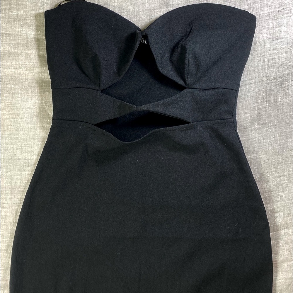 NWOT Zara Asymmetric Little Black Dress Midi Cut Out Waist Feminine Cocktail S - Picture 3 of 11